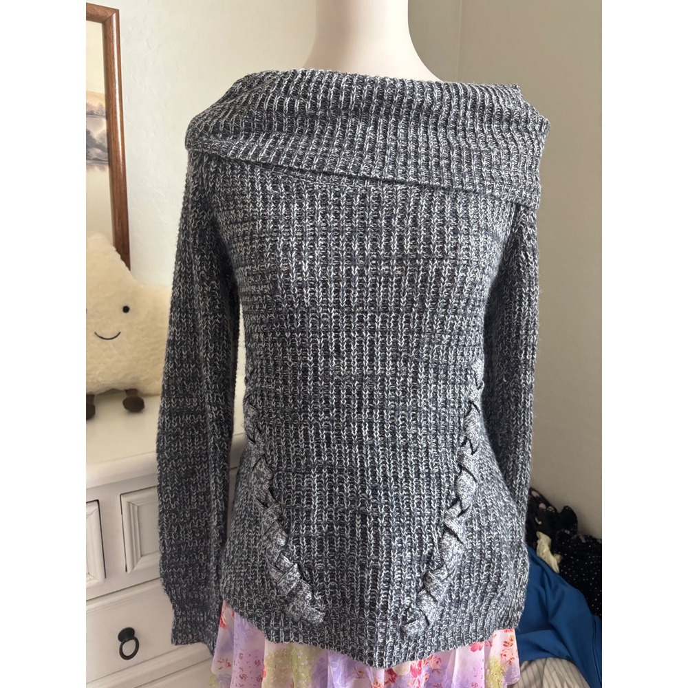 Off The Shoulder Sweater Marled Gray Braided Knit Rosie Harlow Slouchy Boho L